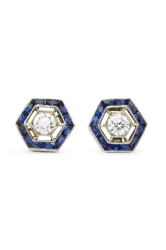 Sapphire Halo Hexagon Stud Earrings