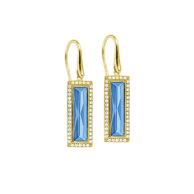 Gold Finish Sterling Silver Earrings with Rectangular Simulated Blue Topaz Stones and Simulated Diamonds