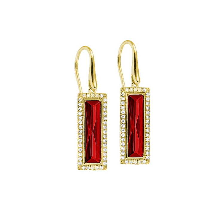 Gold Finish Sterling Silver Earrings with Rectangular Simulated Garnet Stones and Simulated Diamonds