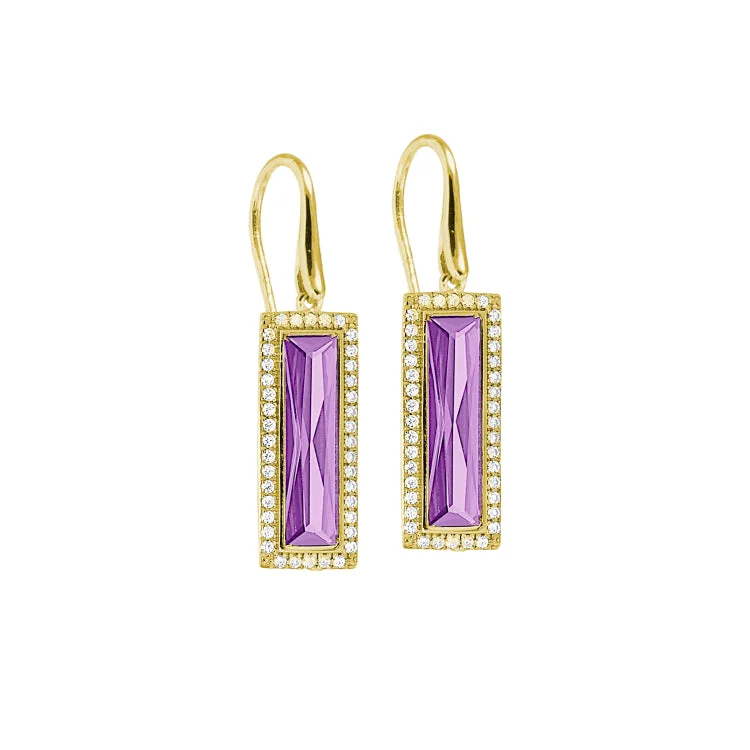 Gold Finish Sterling Silver Earrings with Rectangular Simulated Light Amethyst Stones and Simulated Diamonds