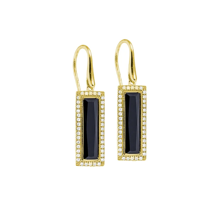 Gold Finish Sterling Silver Earrings with Rectangular Simulated Onyx Stones and Simulated Diamonds