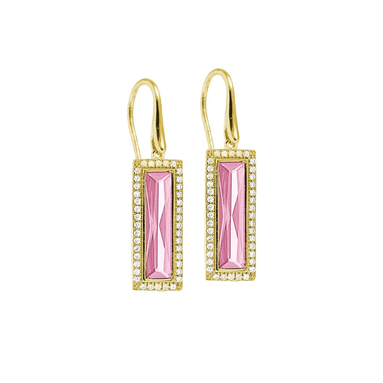 Gold Finish Sterling Silver Earrings with Rectangular Simulated Pink Sapphire Stones and Simulated Diamonds