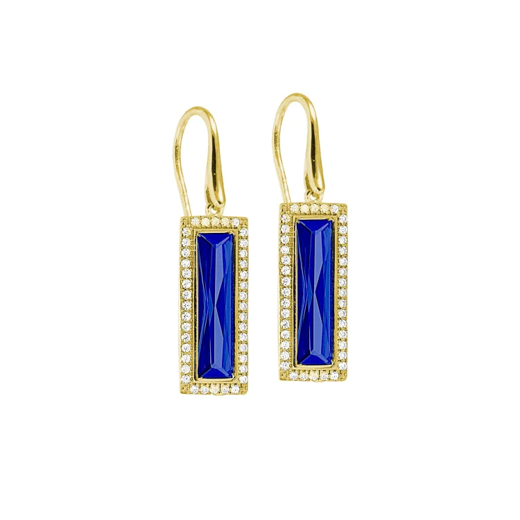 Gold Finish Sterling Silver Earrings with Rectangular Simulated Sapphire Stones and Simulated Diamonds