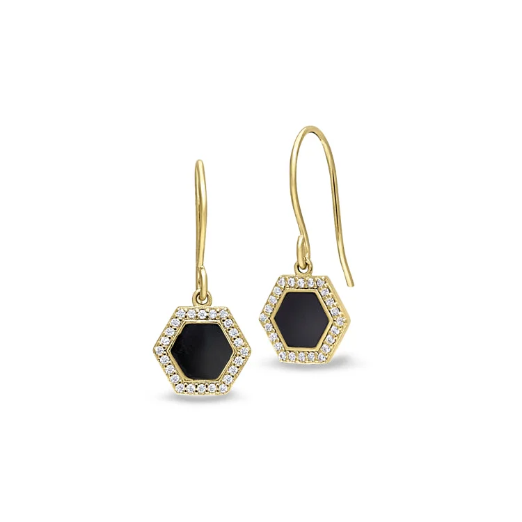 Gold Finish Sterling Silver Micropave Black Enamel Hexagon Earrings with Simulated Diamonds