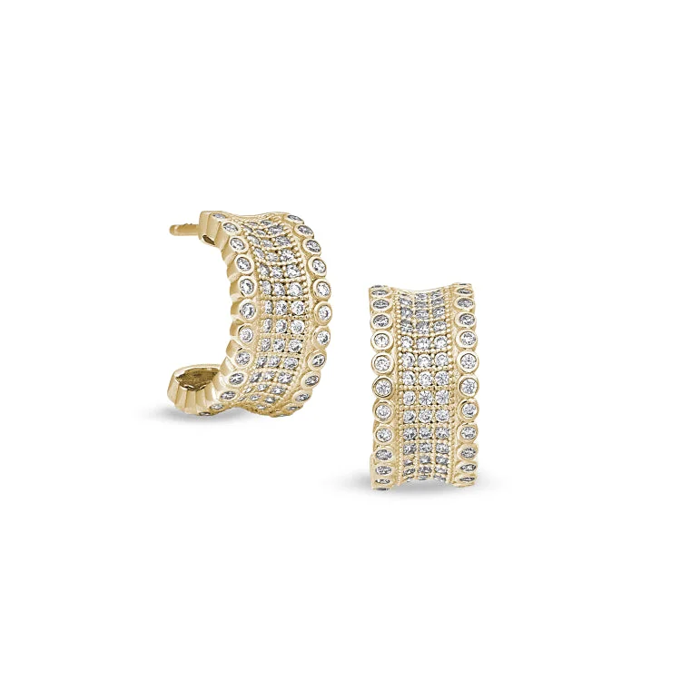 Gold Finish Sterling Silver Micropave Five Row Concave Huggie Earrings with Simulated Diamonds