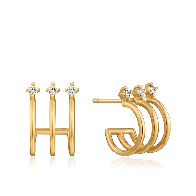 Gold Triple Mini Hoop Stud Earrings