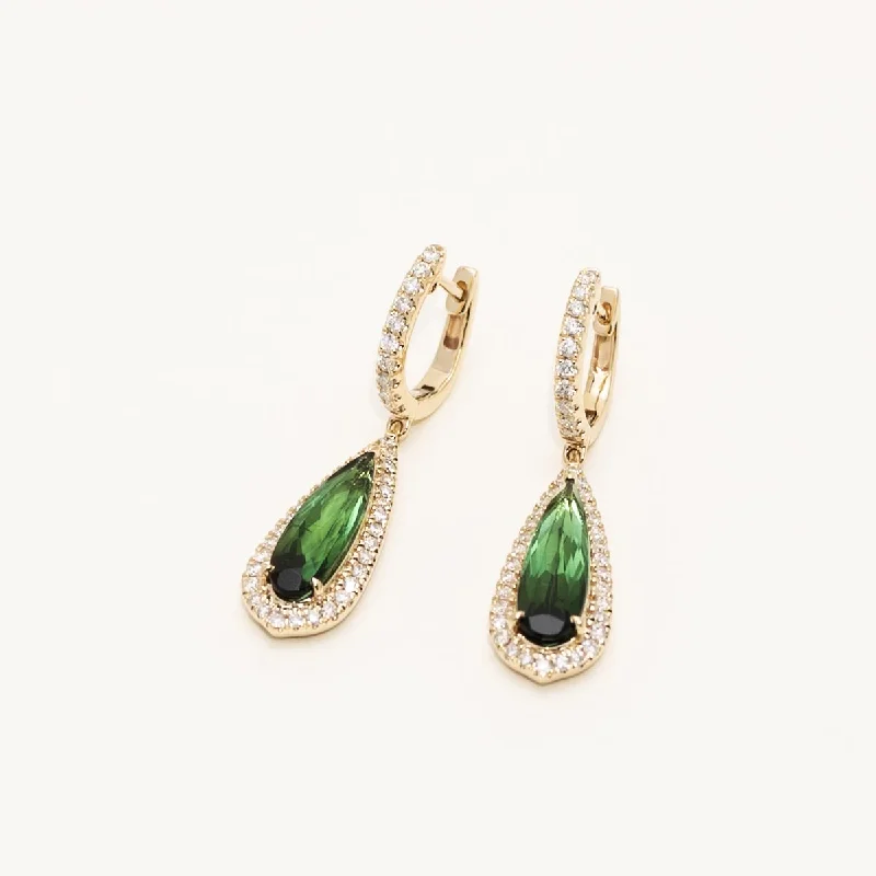 Green Tourmaline Drop Earrings in 14kt Yellow Gold with Diamonds (5/8ct tw)