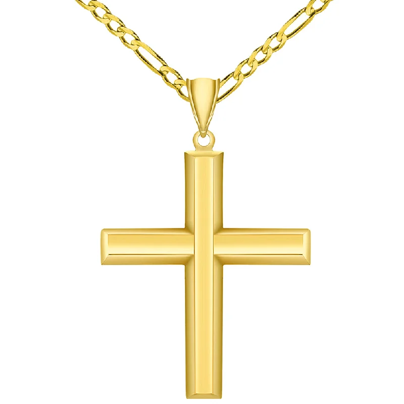 High Polish 14k Yellow Gold Beveled Edge Religious Plain Cross Pendant Figaro Chain Necklace