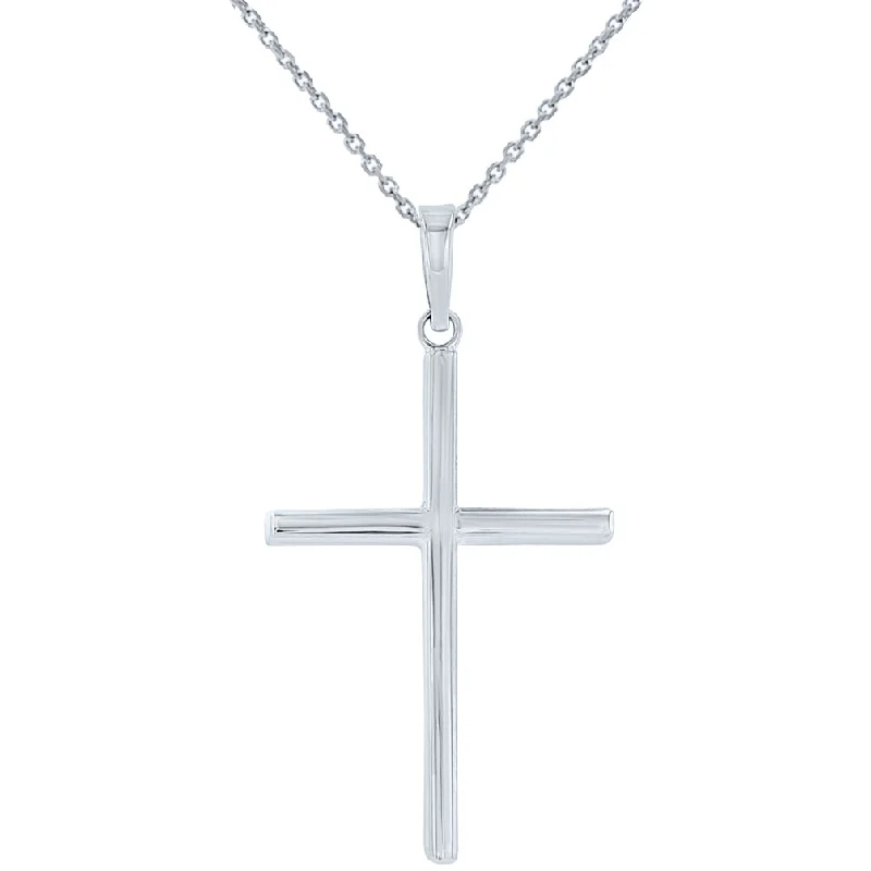 High Polished Handcrafted 14K White Gold Plain Slender Religious Cross Pendant with Chain Necklace