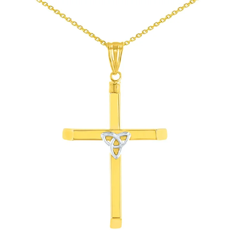 14K Two Tone Gold Plain Celtic Trinity Cross with Triquetra Symbol Pendant with Cable, Cuban Curb, or Figaro Chain Necklaces