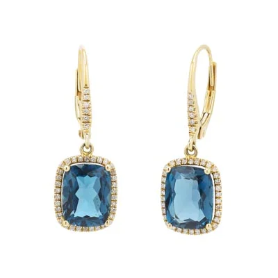 Madison L Cushion London Blue Topaz Drop Earrings in 14kt Yellow Gold with Diamonds (1/5ct tw)