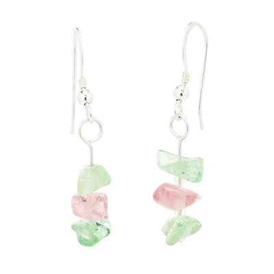 Maine Green and Pink Tourmaline Drop Earrings in Sterling Silver