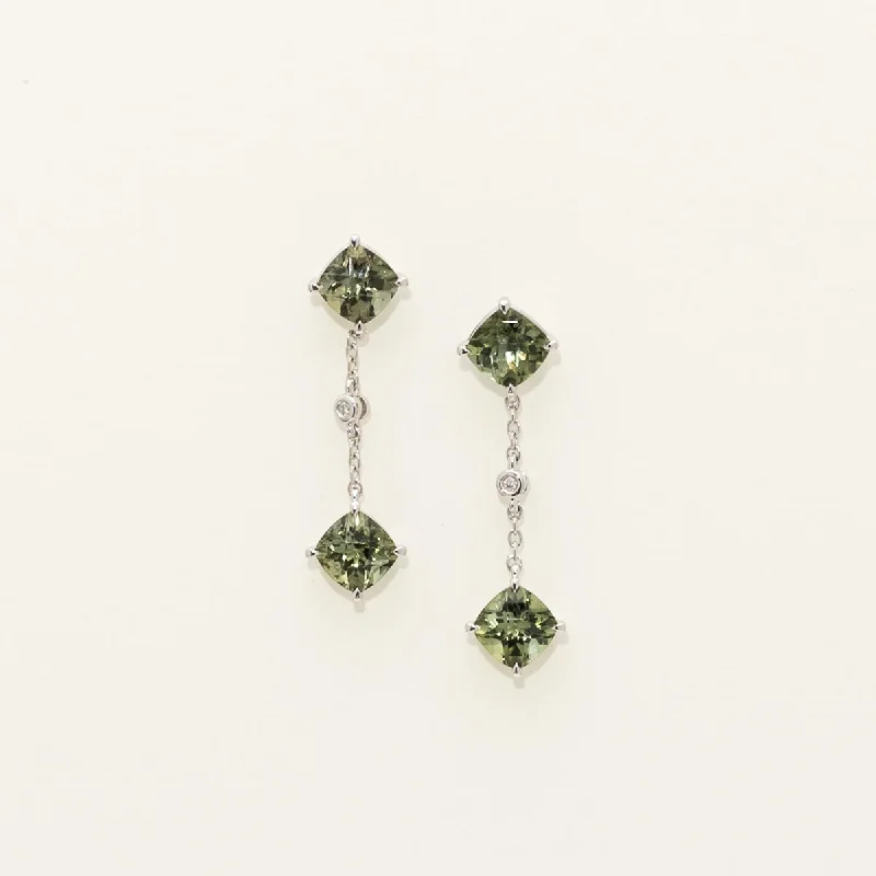 Maine Green Cushion Tourmaline Drop Earrings in 14kt White Gold with Diamonds(.01tw)