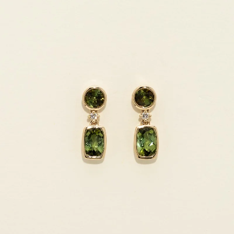 Maine Green Tourmaline Drop Earring in 14kt Yellow Gold with Diamonds(.03tw)