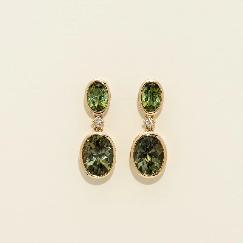 Maine Green Tourmaline Drop Earrings in 14kt Yellow Gold with Diamonds ( .03tw)