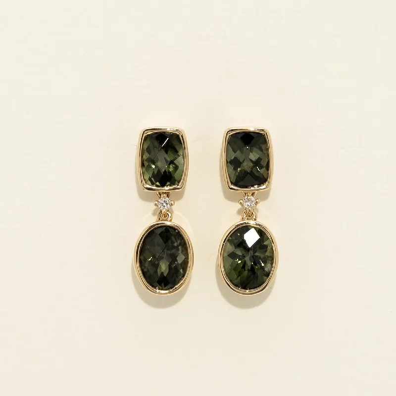 Maine Green Tourmaline Drop Earrings in 14kt Yellow Gold with Diamonds(.03tw)