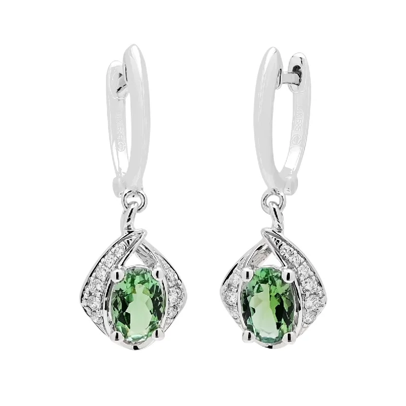 Maine Green Tourmaline Oval Drop Earrings in 14kt White Gold with Diamonds (1/7ct tw)