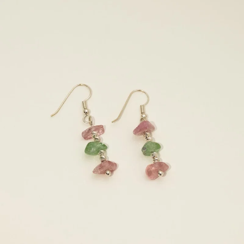 Maine Pink and Green Tourmaline Bead Drop Earrings in Sterling Silver