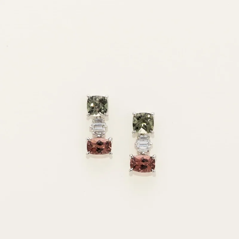 Maine Pink and Green Tourmaline Drop Earrings in 14kt White Gold with Diamonds (1/4ct tw)