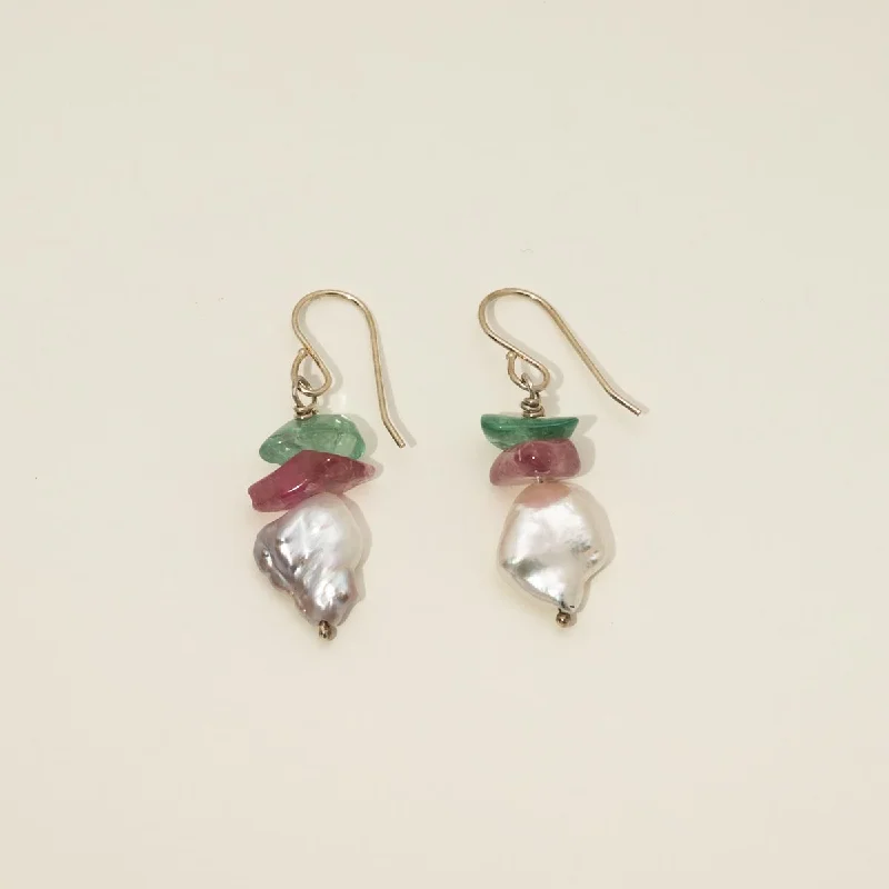 Maine Pink and Green Tourmaline Drop Earrings in Sterling Silver with Cultured Freshwater Baroque Pearls