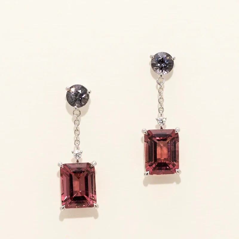 Maine Pink Tourmaline and Gray Spinel Drop Earrings in 14kt White Gold with Diamonds