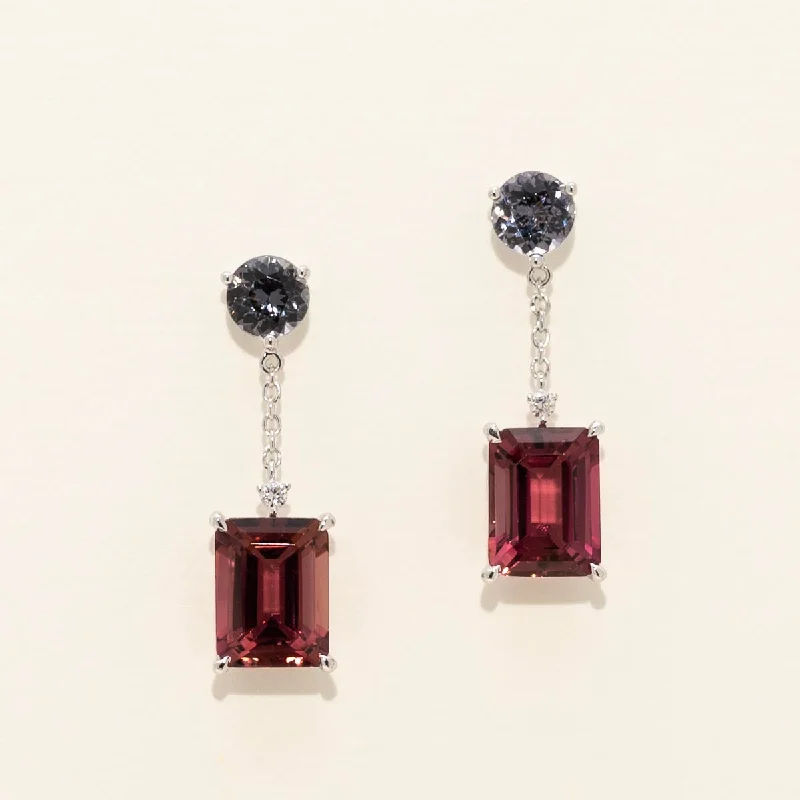 Maine Pink Tourmaline and Spinel Drop Earrings in 14kt White Gold with Diamonds