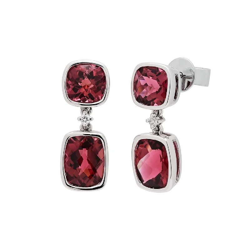 Maine Pink Tourmaline Cushion Cut Drop Earrings in 14kt White Gold with Diamonds (.03ct tw)