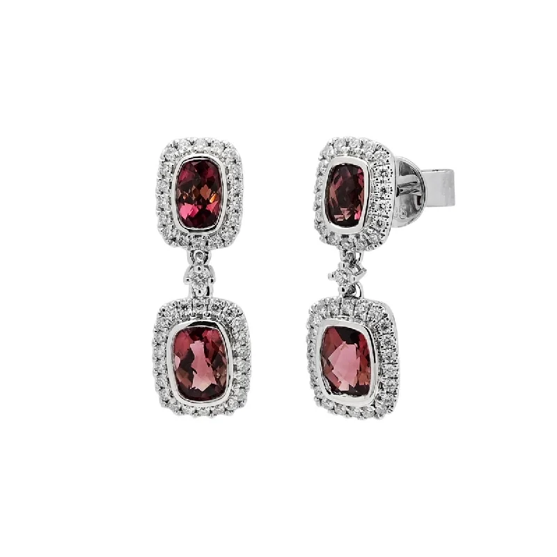 Maine Pink Tourmaline Cushion Cut Drop Earrings in 14kt White Gold with Diamonds (3/8ct tw)