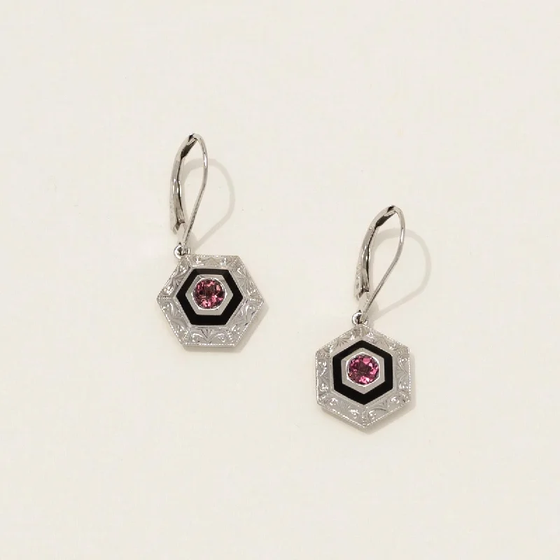 Maine Pink Tourmaline Hexagon Drop Earrings with Black Enamel in 14kt White Gold