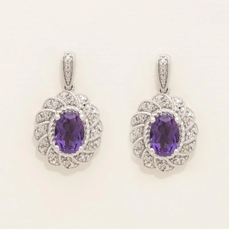 Oval Amethyst Drop Earrings in Sterling Silver with Diamonds (1/20ct tw)