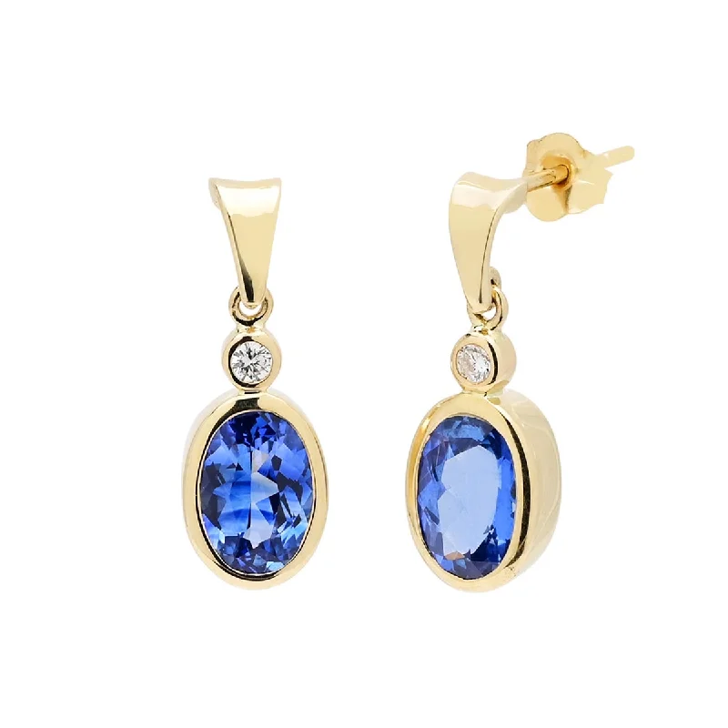 Oval Ceylon Sapphire Bezel Drop Earrings in 14kt Yellow Gold with Diamonds (1/20ct tw)