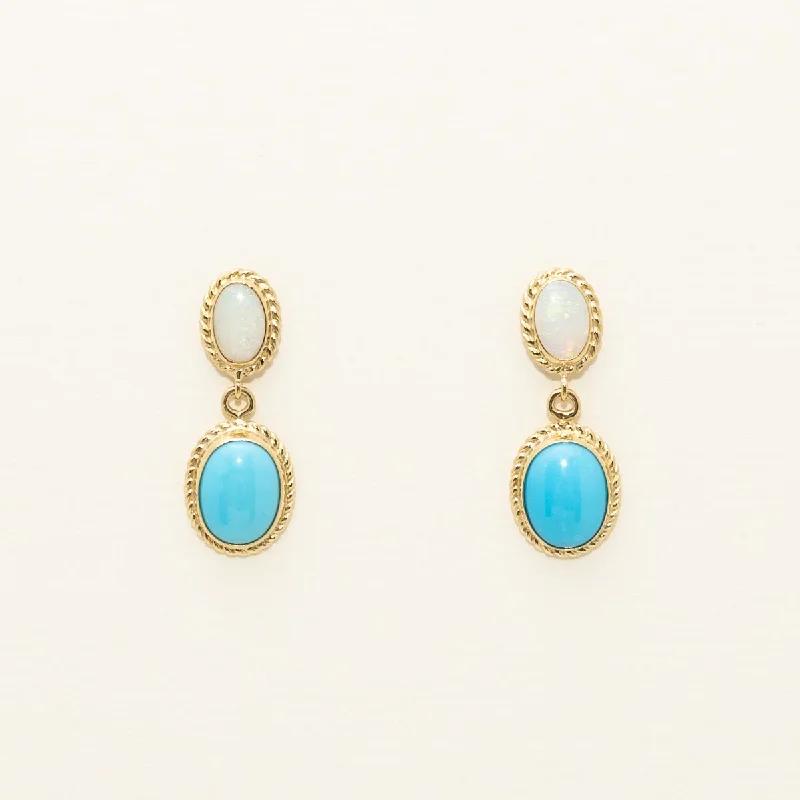 Oval Opal and Turquoise Drop Earrings in 14kt Yellow Gold