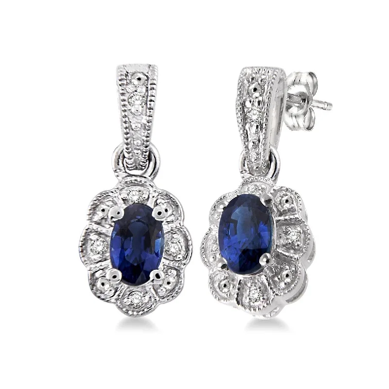 Oval Sapphire Drop Earrings in Sterling Silver with Diamonds (1/20ct tw)