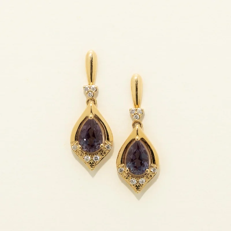 Pear Shape Created Alexandrite Drop Earrings in 14kt Yellow Gold with Diamonds (1/10ct tw)