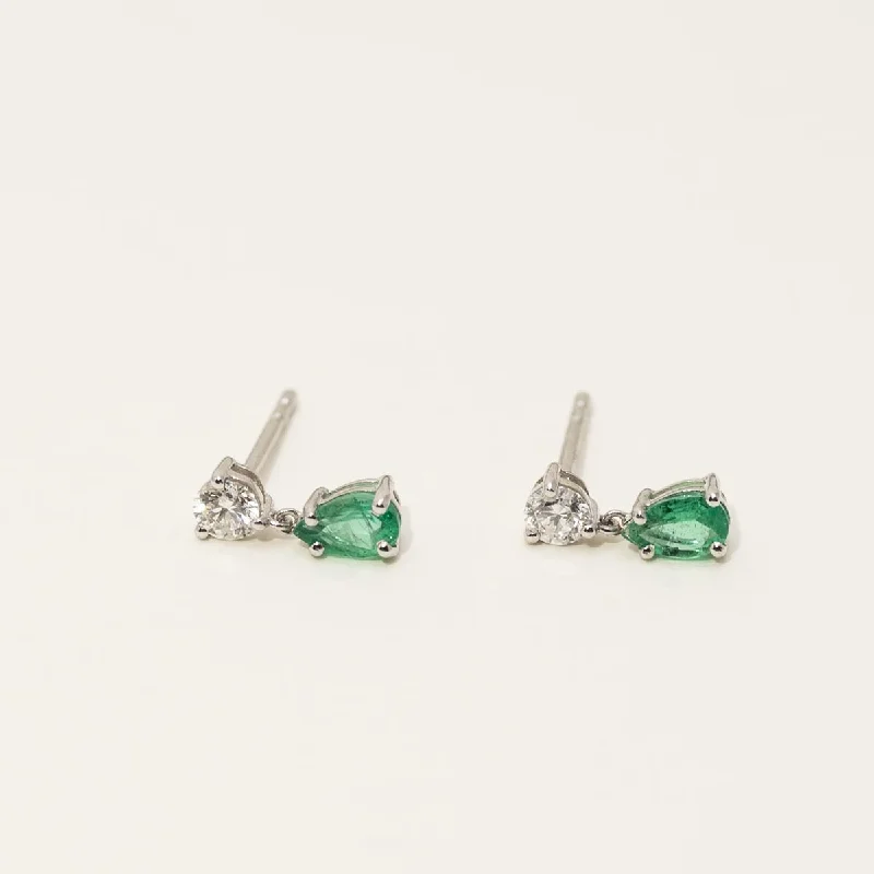 Pear Shape Emerald Drop Earrings in 14kt White Gold with Diamonds (1/5ct tw)