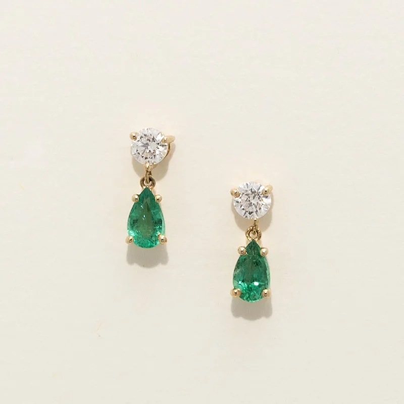 Pear Shape Emerald Drop Earrings in 14kt Yellow Gold with Diamonds (1/5ct tw)