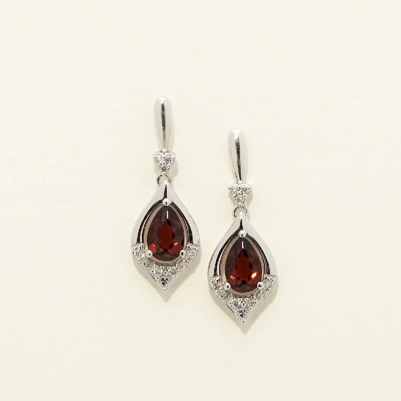 Pear Shape Garnet Drop Earrings in 14kt White Gold with Diamonds (1/20ct tw)