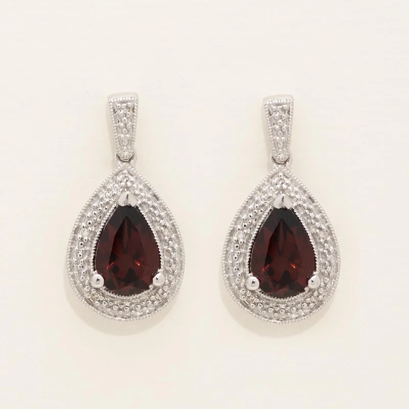 Pear Shape Garnet Drop Earrings in Sterling Silver with Diamonds (1/20ct tw)