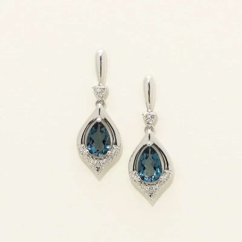 Pear Shape London Blue Topaz Drop Earrings in 14kt White Gold with Diamonds (1/20 ct tw)