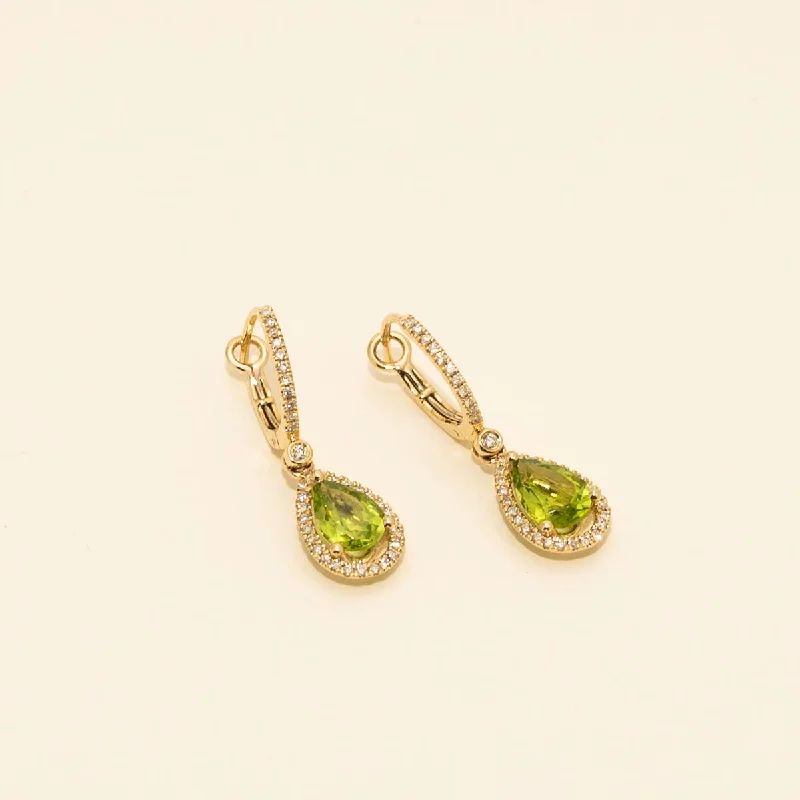 Pear Shape Peridot Drop Earrings in 14kt Yellow Gold with Diamonds (3/8ct tw)