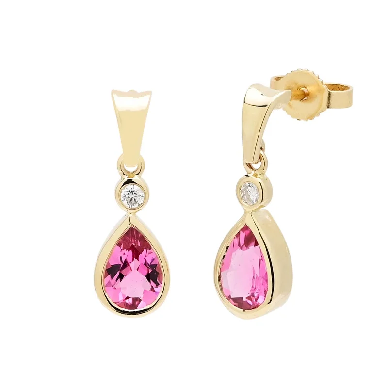 Pear Shape Pink Tourmaline Bezel Drop Earrings in 14kt Yellow Gold with Diamonds (1/20ct tw)