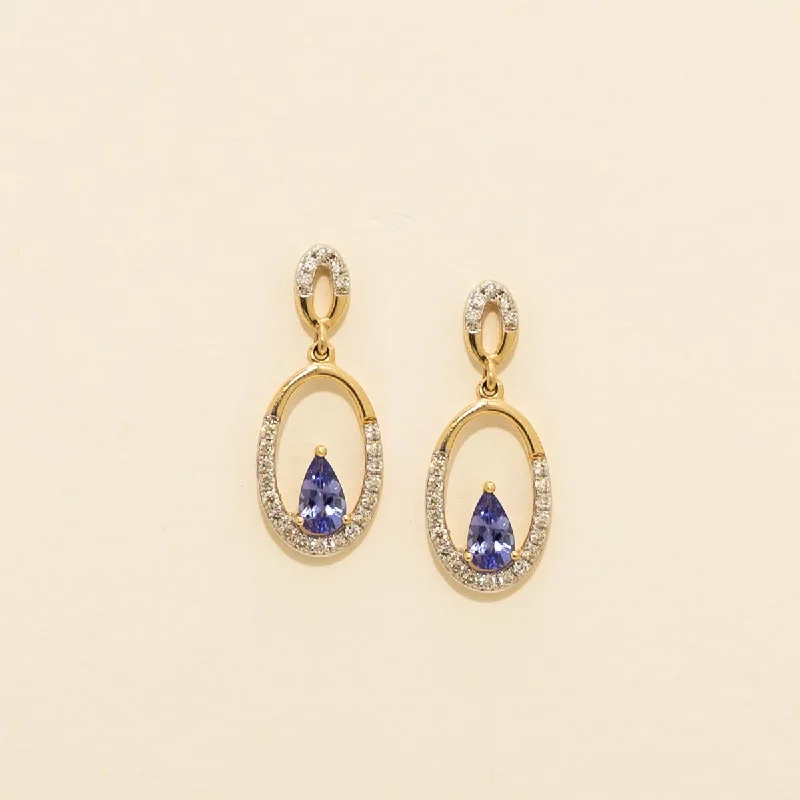 Pear Shape Tanzanite Drop Earrings in 14kt Yellow Gold with Diamonds (1/5ct tw)