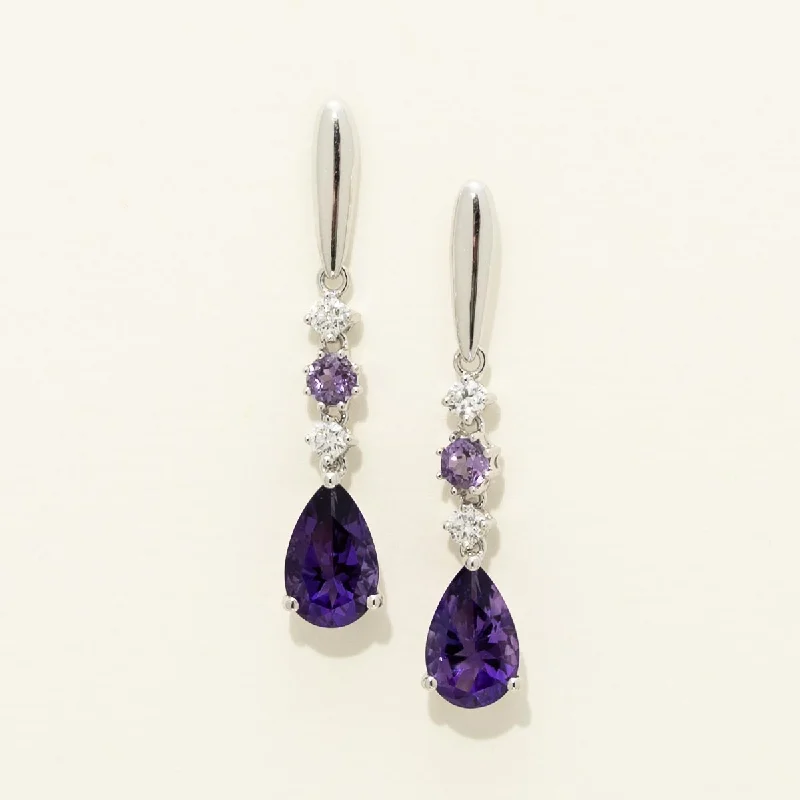 Pear Shaped Amethyst Drop Earrings in 14kt White Gold with Diamonds (1/7ct tw)