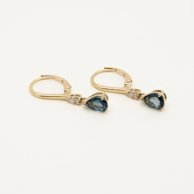 Pear Shaped London Blue Topaz Drop Earrings in 14kt Yellow Gold with Diamonds (1/10ct tw)