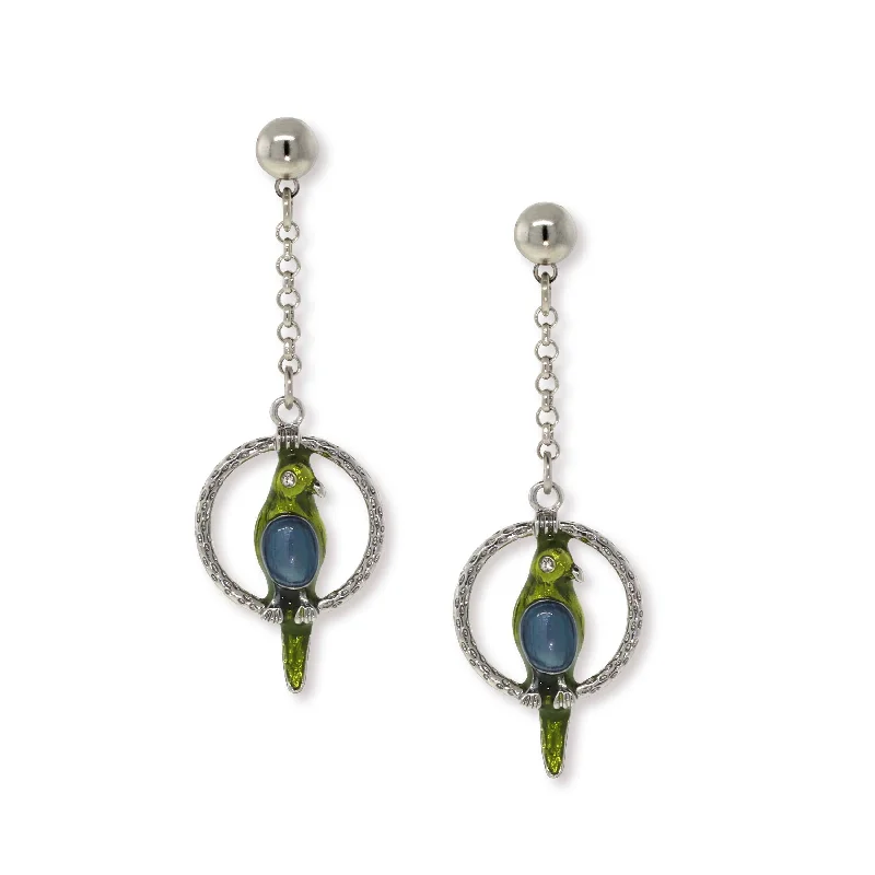 1928 Jewelry® Pewter Hoops With Blue & Green Enamel Parrot Drop Chain Earrings