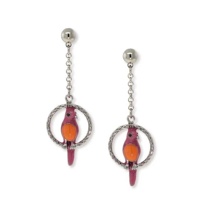 1928 Jewelry® Pewter Hoops With Orange & Pink Enamel Parrot Drop Chain Earrings