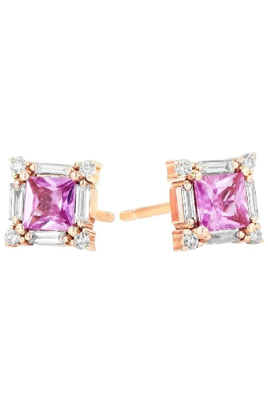 Pink Sapphire And Diamond Baguette Stud Earrings