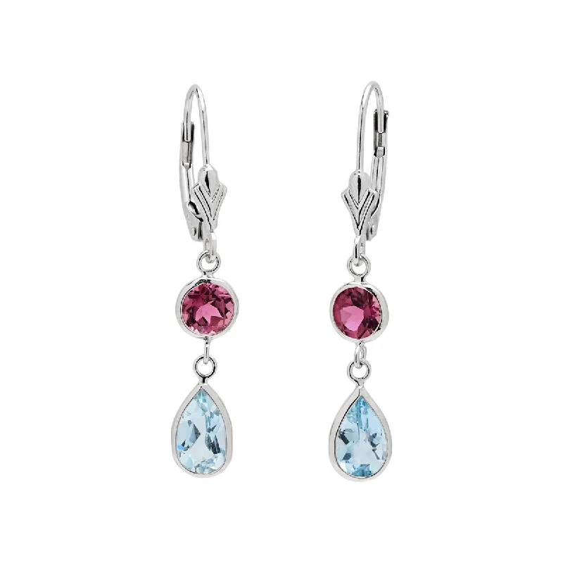 Pink Tourmaline and Pear Shape Aquamarine Drop Earrings in 14kt White Gold