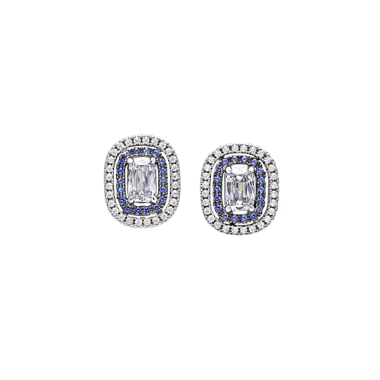 Platinum and Black Rhodium Finish Sterling Silver Micropave Earrings with Synthetic Blue Sapphire and Simulated Diamonds