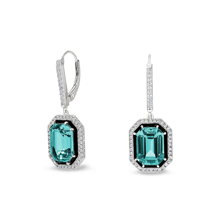 Platinum Finish Sterling Silver Micropave Black Enamel & Aqua Spinel Octagon Earrings with Simulated Diamonds